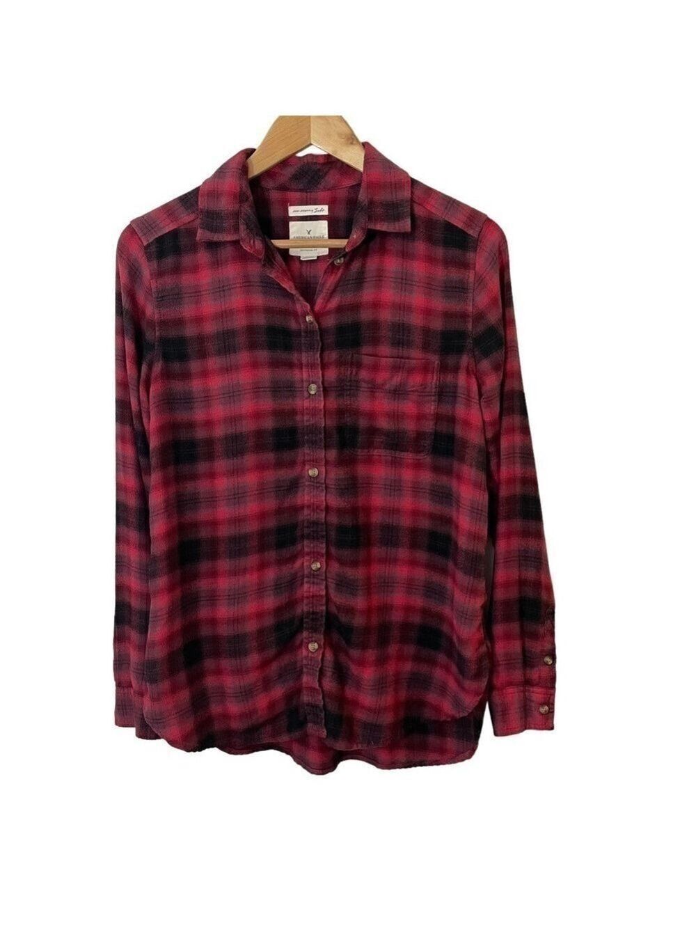 American Eagle Plaid Flannel Shirt Sm Red Boyfriend Fit Amazingly Soft Longline